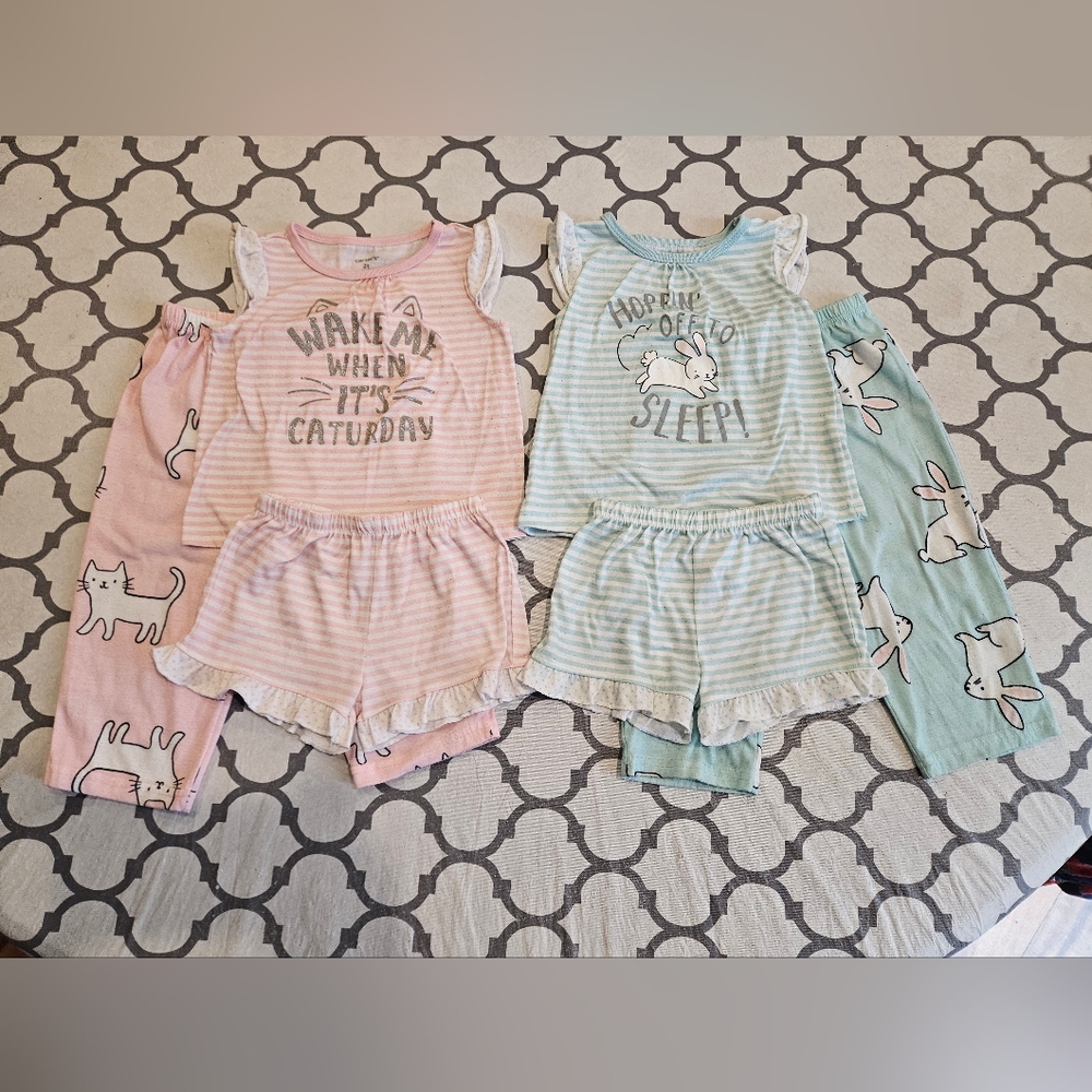 💥2/$15💥 Toddler Girls 6 Piece Pajama Set 2t Carters Spring Bunny Cat Summer